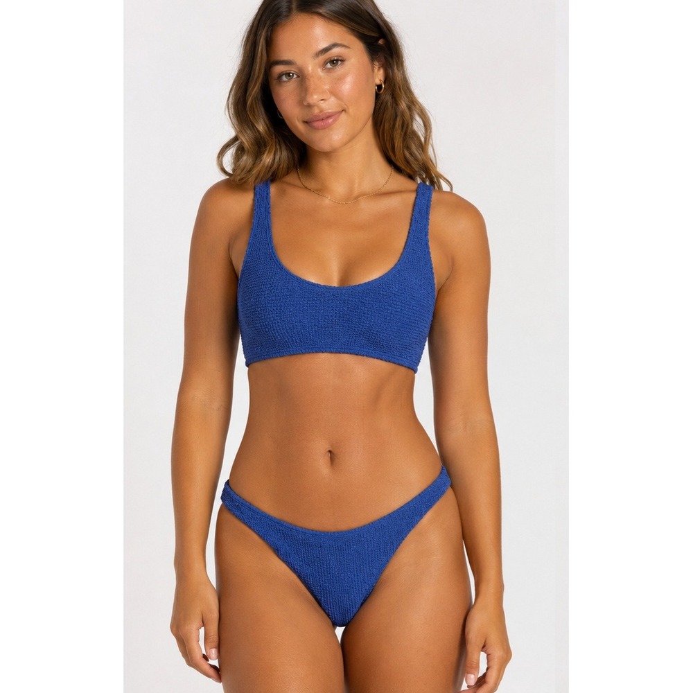 Billabong Crinkle Bikini Set Cobalt Blue Scoop Neck Two Piece Swimsuit - Picture 2 of 7